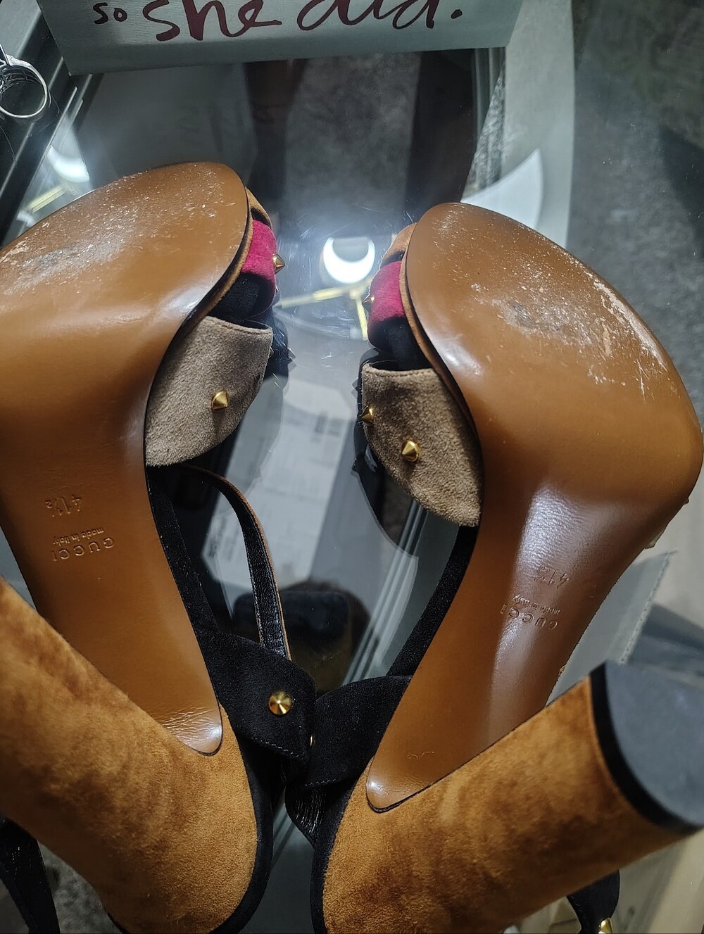 Gucci Women's Multicolor Studded Suede Heeled Sandals - Picture 7 of 7